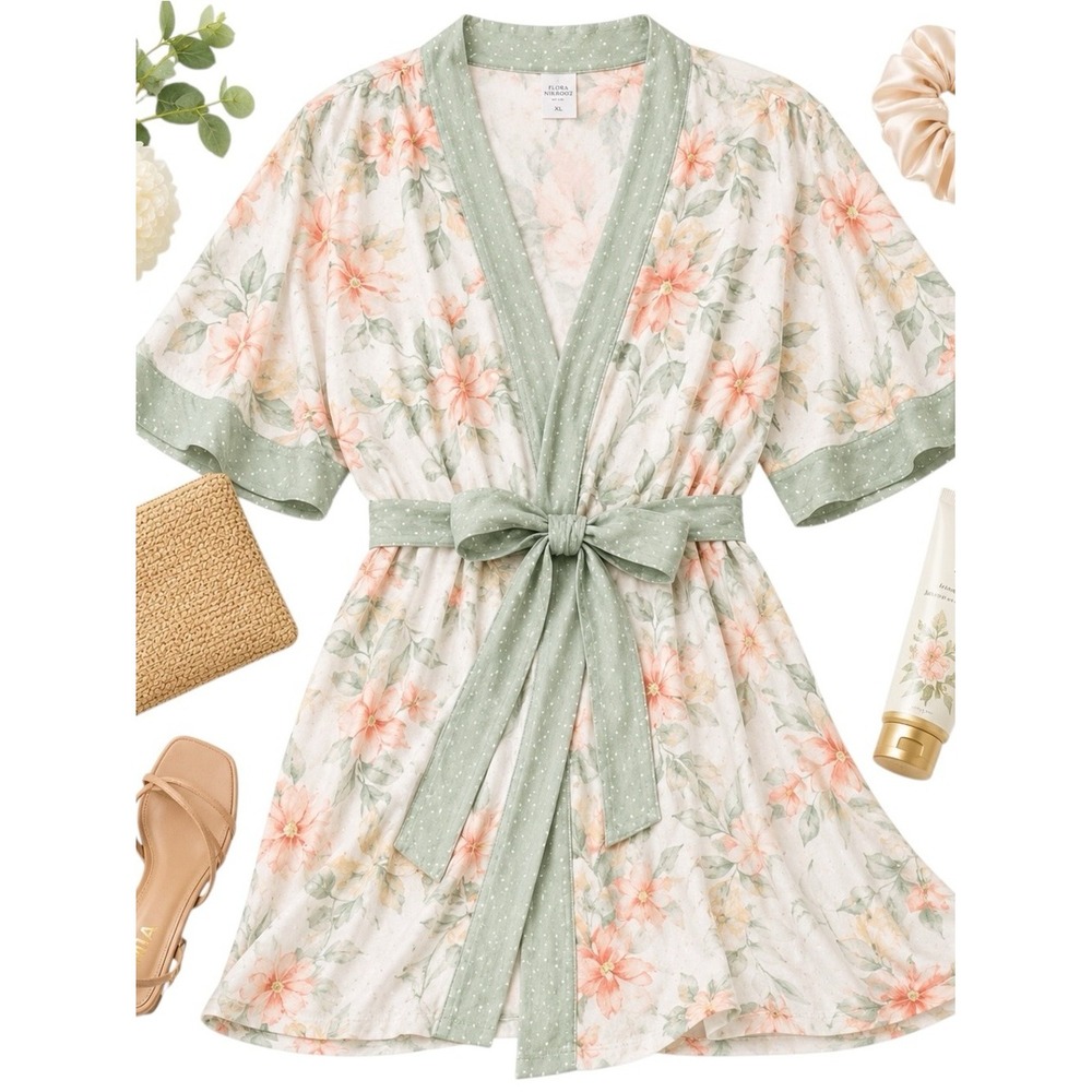 Flora Nikrooz Sage Green Floral Belted Robe Stretch Loungewear Women's XL EUC
